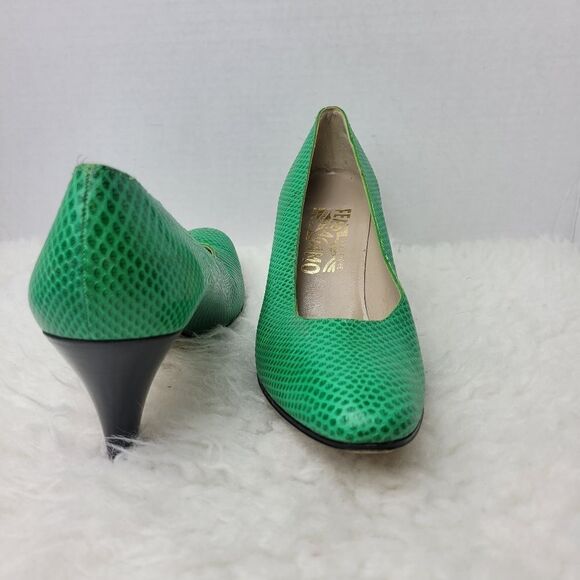 Salvatore Ferragamo Women's Shoes Size 9 AAAA Green Reptile Skin Kitten Heel - Picture 4 of 11